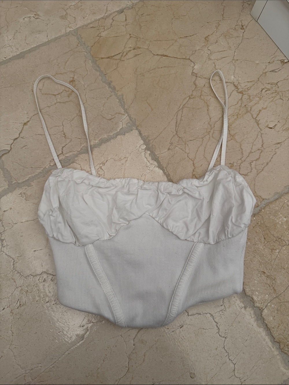 White Ribbed Bustier Crop Top with Spaghetti Straps